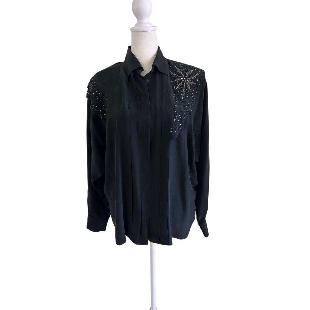 Gary Fabrikant Vintage Silk Shirt Womens SZ14 Black Beaded Western 80s 90s - Picture 2 of 8